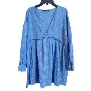 Zara Blue Eyelet Plunge V Neck Babydoll Mini Dress Boho Oversized Embroidered XS
